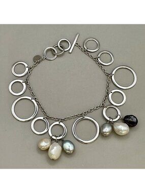 Tiffany & Co Iridesse Sterling Silver Pearl Circle Dangle Toggle Bracelet 7.5”